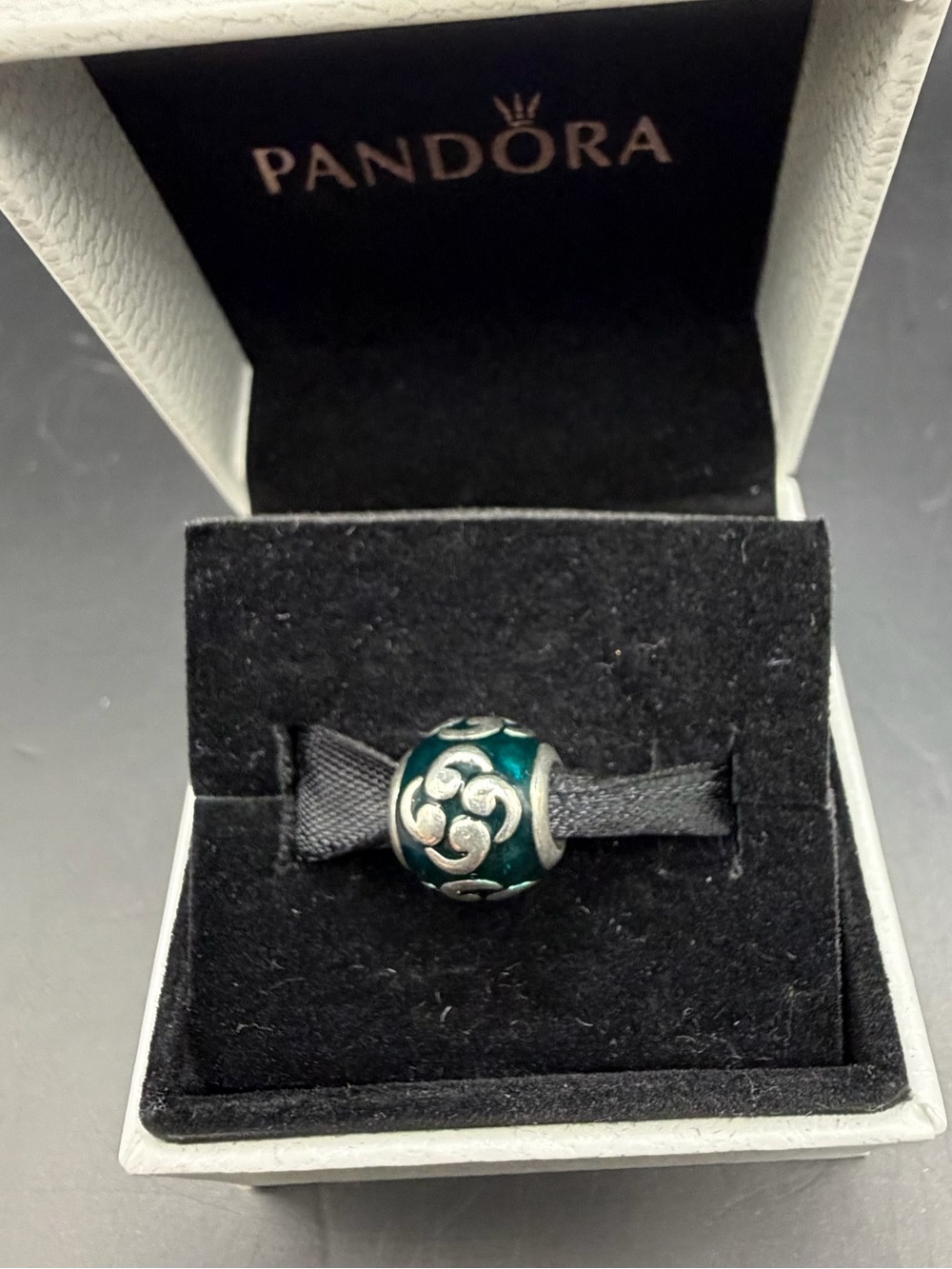 Pandora Teal Enamel Silver Swirl Charm – Round Decorative Bead